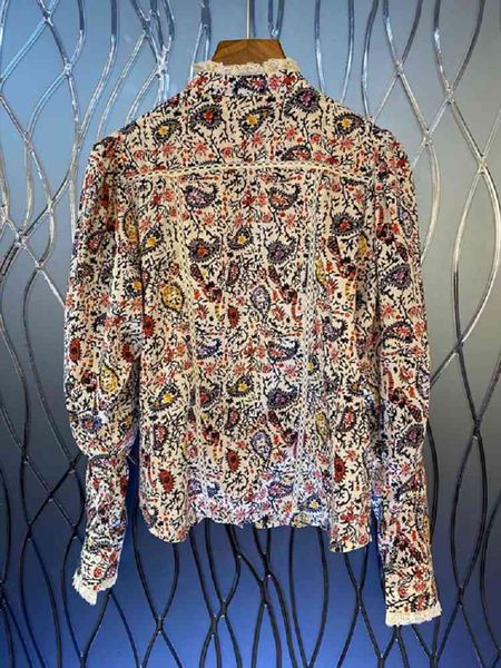 

capris 2021 autumn fashion cotton blouses women ruffled collar vintage floral print hollow out embroidery long sleeve casual shirts, Black;gray
