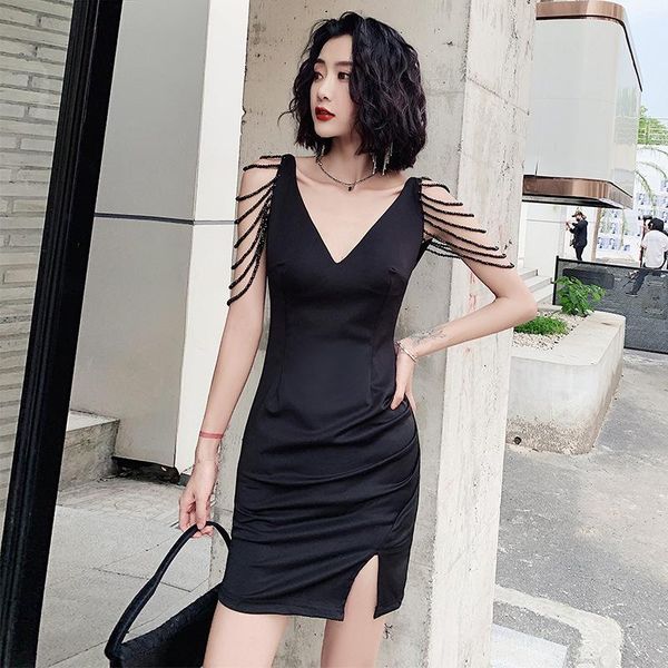 

elegant women slim dress summer v-neck party dresses bodycon chain sleeve decoration casual, Black;gray
