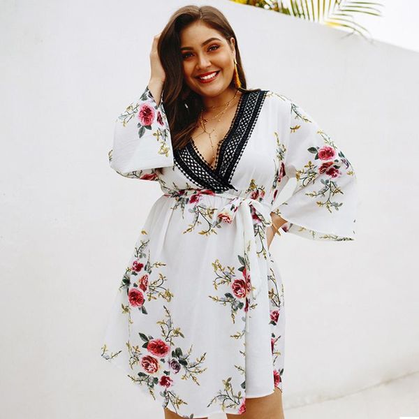 

large women's spring summer print v-neck dress casual dresses, Black;gray