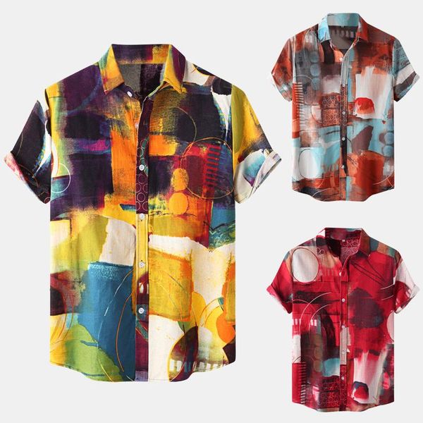 

men's casual shirts summer hawaiian shirt for men geometric print short sleeve male csaual button up blouse drop, White;black