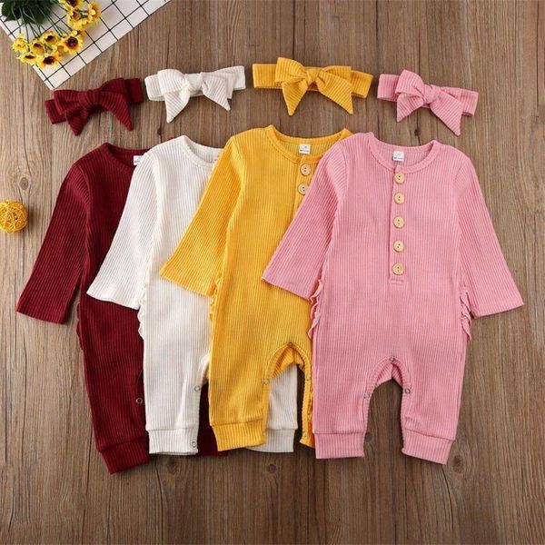 

jumpsuits spring autumn born cotton romper long sleeve infant baby boy girl outfit clothes ruffle jumpsuit headband, Blue