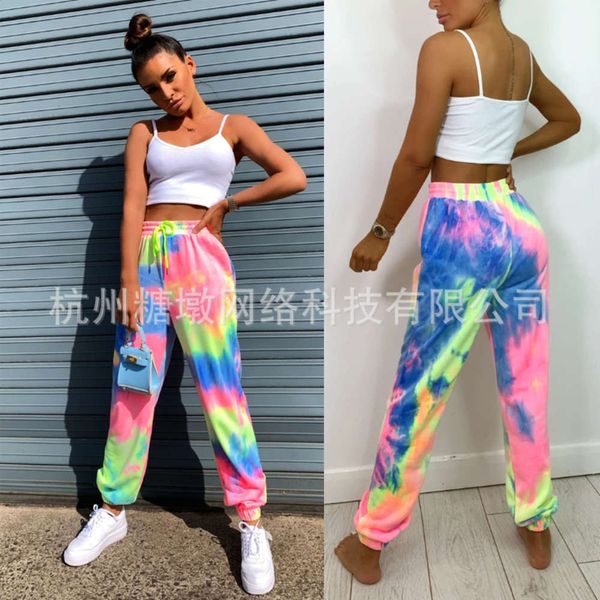 

2020 women's bandage tie dyed color leisure pants summer products, Black;white