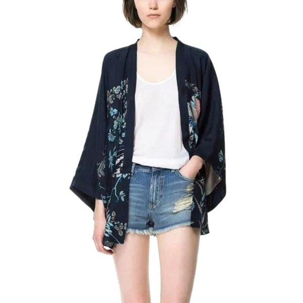 

vintage japanese harajuku style blouse waves and wind dragon shirts kimono print chiffon cardigan women's blouses, White