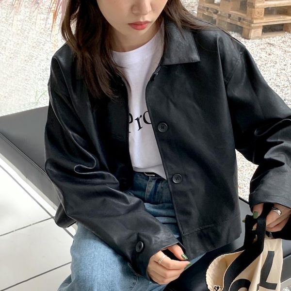 

women's leather & faux ftlzz spring autumn women casual pu jacket turn-down collar single breasted lady loose fashion short coat, Black