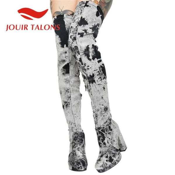 

boots jouir talons 2021 fashion women shoes big size graffiti over-the-knee platform ultra high heels stretch fbric, Black