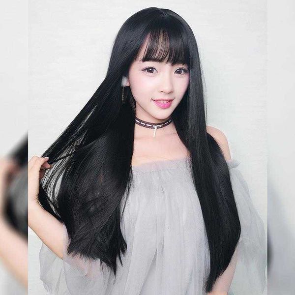 

wig women's straight air bangs natural smooth medium long hair head wig, Black