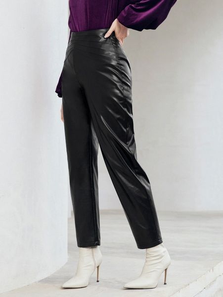 

high waist pu leather pants o2se#, Black;white