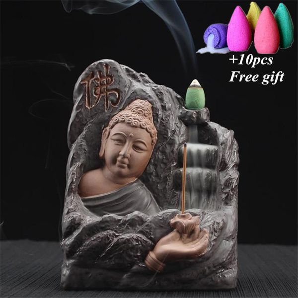 

fragrance lamps ceramic handicraft buddha backflow incense burner waterfall holder home decor censer+10pcs cones