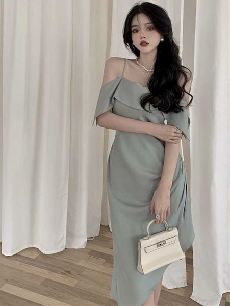 

slash neck light mature temperament sling irregular dress women summer vestidos mujer korean style chic off shoulder 210610, Black;gray