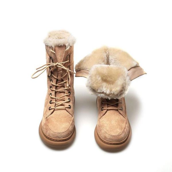 

boots faux wool snow women round toe lace-up platform winter ladies ankle length shoes handmade, Black