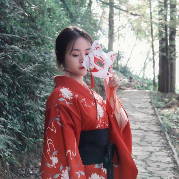 

ethnic clothing women improved kimono flowers original japanese style red retro flower medium longjapanese traditional yukata feminino cospl