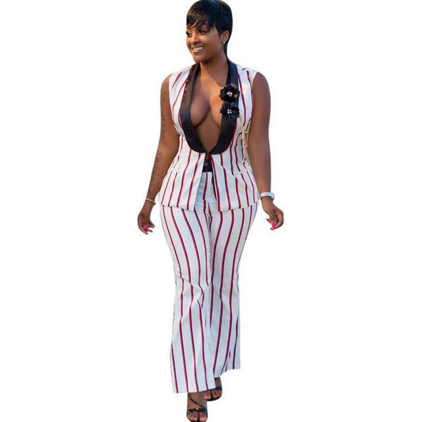 

summer blazers for women two pieces set v-neck sleeveless blazer and pants suits ladies red white striped women's tracksuits, Gray
