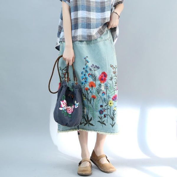 

skirts denim retro flower embroidered skirt literary casual summer a-line female wild, Black