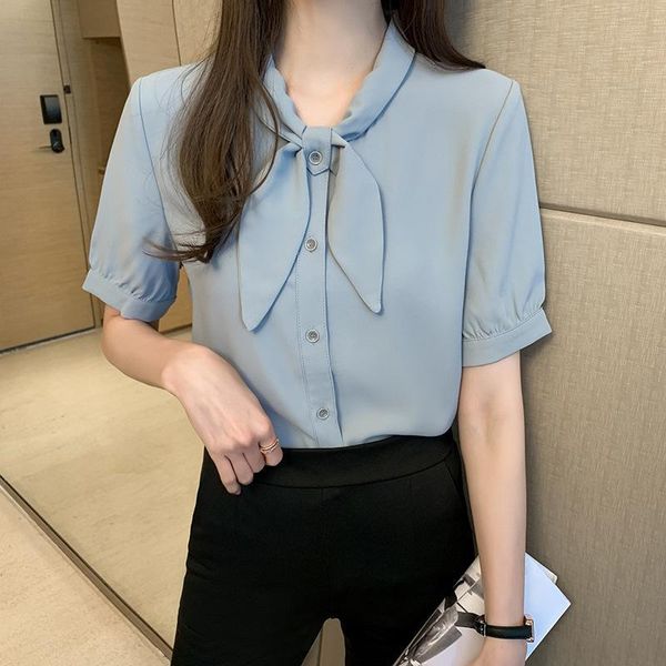 

women's blouses & shirts short sleeve chiffon shirt summer 2021 bow temperament professional ol fashion foreign style top, White