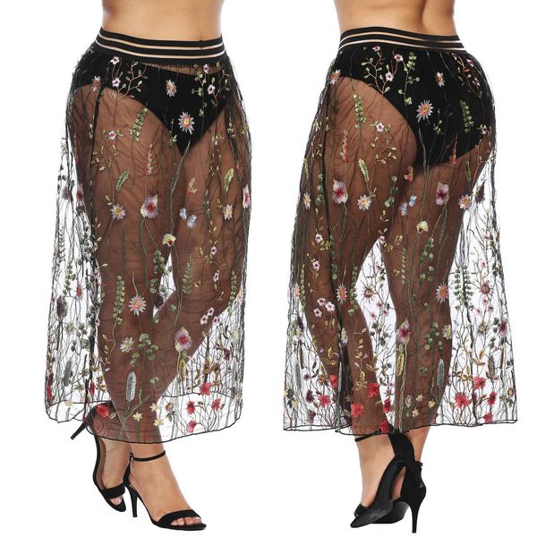 

women's plus size large fat woman flower perspective embroidery lace skirt 1952