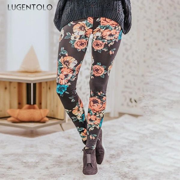 

women's leggings lugentolo women slim flower printed trousers fashion casual large size female long pencil, Black