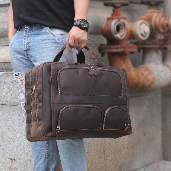 

briefcases pooloos vintage leather mens briefcase with pockets cowhide bag on business suitcase crazy horse lapbags 2021 design