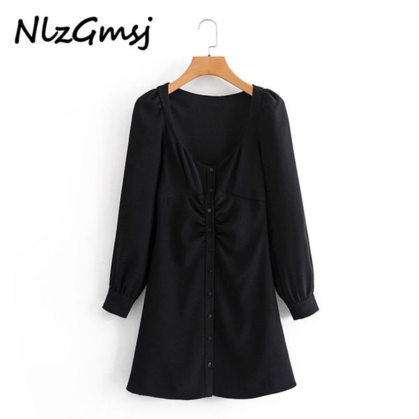 

nlzgmsj women summer dresses vintage mini single-breasted vestidos square collar long sleeve female casual elegant dress 210628, Black;gray