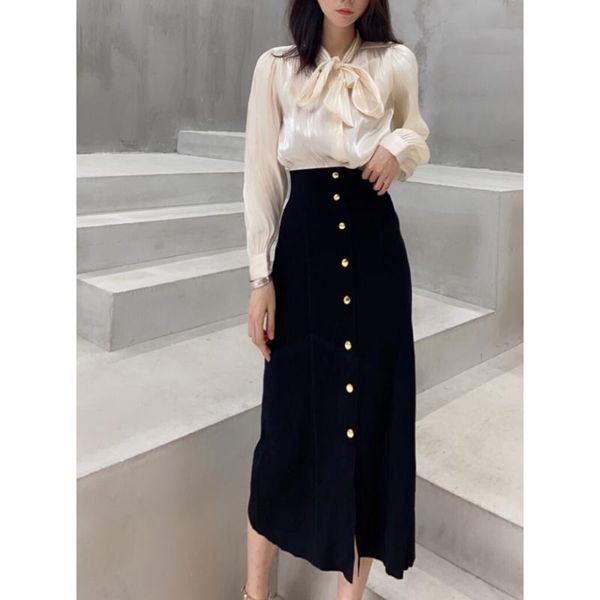 

skirts women skirt 2021 autumn / winter knit split metal buckle solid midi, Black