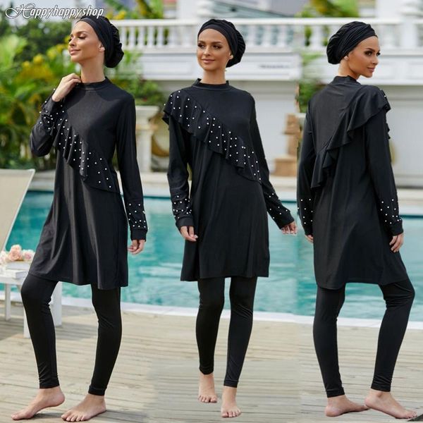 

elegant beaed outfits 3 pieces muslim women full cover swimwear outdoor hijab swimming cap long pants modesty burkinis sets swim wear