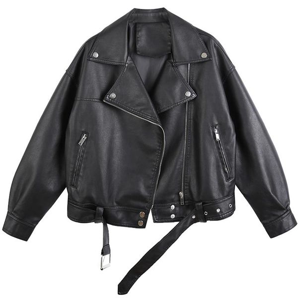 

women faux leather jackets and coats spring autumn loose turn down collar black biker jacket female moto women's