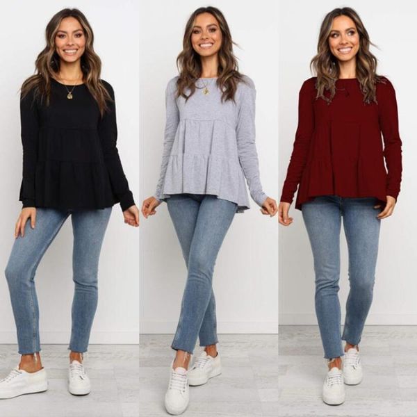 

women's t-shirt 2021 autumn casual round neck stitching long-sleeved fashion loose three-color four-size 5369, White