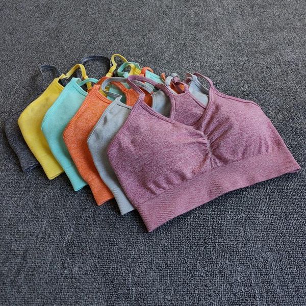 

solid color seamless sports gym fitness women running crop push up female workout padded yoga bra high impact activewear outfit