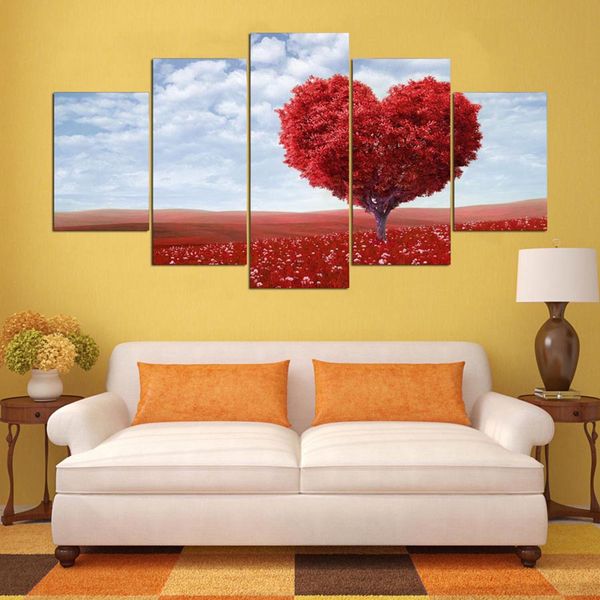 

5 panels red loving heart tree wall art posters painting for modern home decor hd canvas living room modular pictures(no frame)