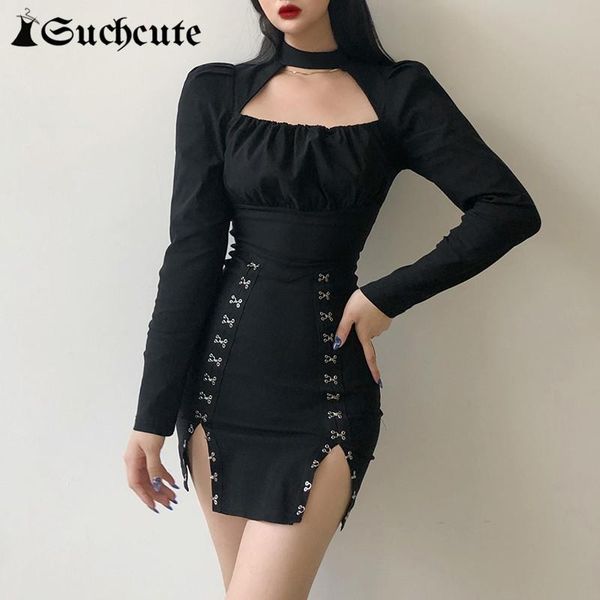 

casual dresses suchcute autumn longslive women bodycon dress modis partywear cut out female mini streetwear black gothic clothes, Black;gray