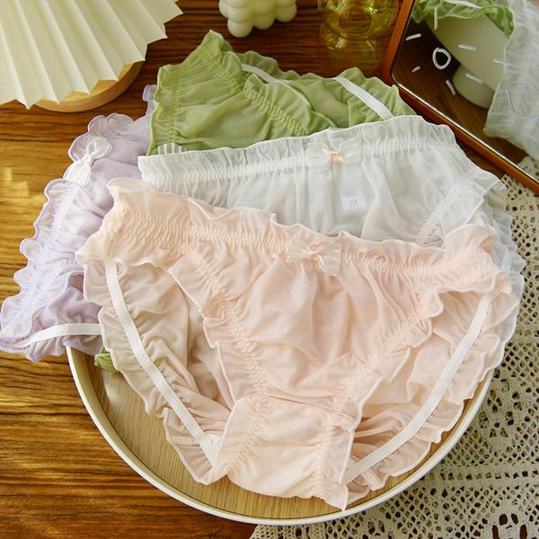 

women's panties japanese sweet lolita gauze bowknot low waist young girls' cute ruffles underwear breathable briefs, Black;pink