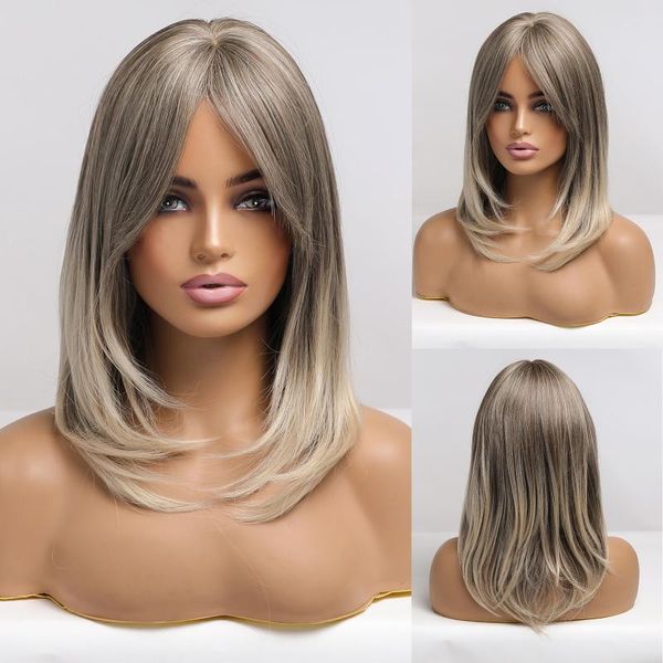 Peruca sintética média ondulada ombre cinza peruca com franja lateral para mulheres cosplay diário partido natural cabelo resistente ao calor