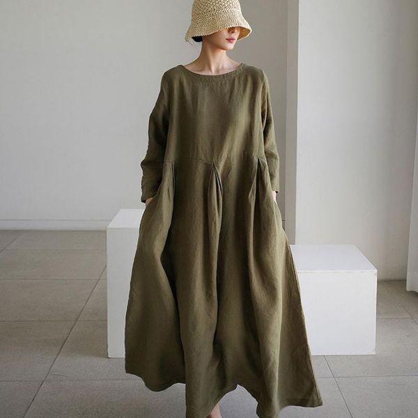 

casual dresses zcsmll korean autumn round neck loose pleated design high waist versatile double pocket fold dress women, Black;gray