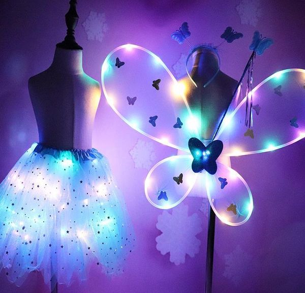 

party decoration girl led butterfly wings set withtutu skirt fairy wand headband princess light up carnival costume props 2-8t
