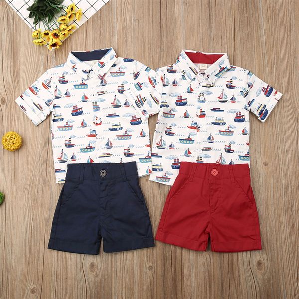 

1-6years kids boys clothes set sailboat print boys shirt short sleeve boat shirt for boys short pants outfits baby clothing, White;black
