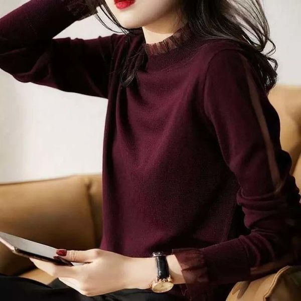 

women's sweaters cmaz outerwear sweater high-grade 2021 autumn ruffled collar mesh color contrast patchwork inner, White;black