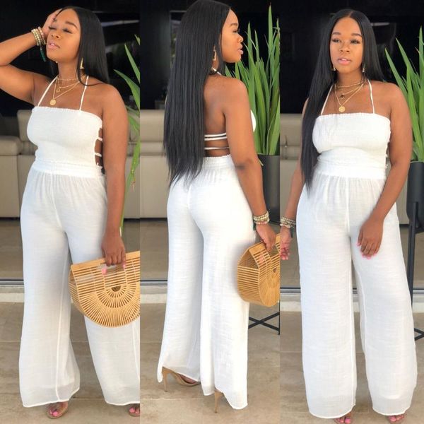 

women's jumpsuits & rompers echoine summer lace up backless wide leg beach jumpsuit elegant sleeveless stretch strapless overalls, Black;white