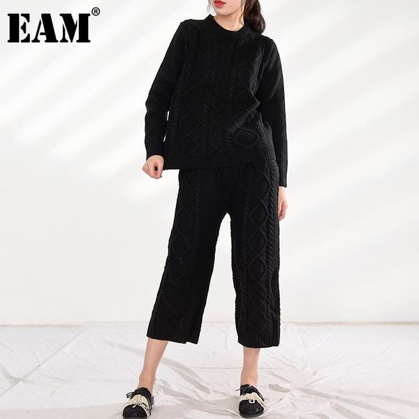 

women's two piece pants [eam] wide leg black knitting suit round neck long sleeve women fashion spring autumn 2021 as11671, White