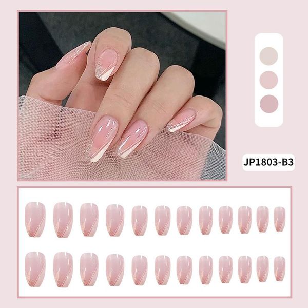 

false nails 24pcs glitter powder french long ballet fake reusable nude pink coffin with liquid glue wholesale drop, Red;gold