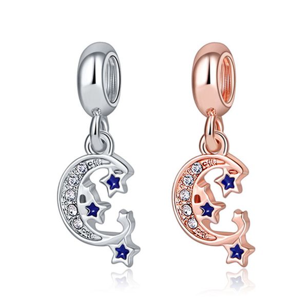 

1pcs cutemoon stars pendant diy beads adapting to original pandora charm bracelet ladies jewelry making gifts, Silver