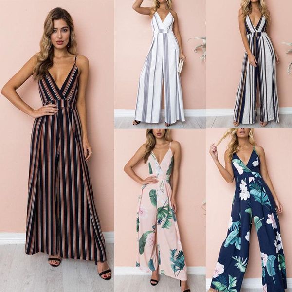 

women's jumpsuits & rompers 2021 arrival boho women ladies summer 5 style sleeve v-neck striped print outfit party clothes, Black;white