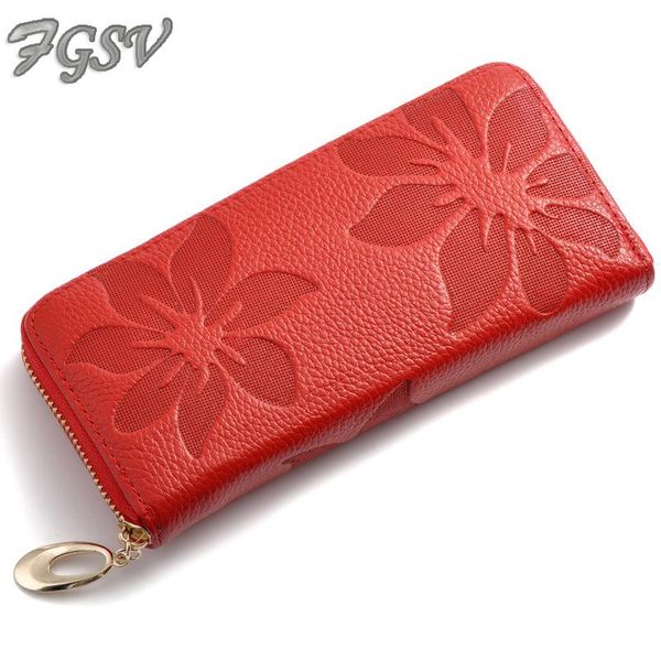 

wallets fgsv split leather zipper women long big embossing kapok flower purses day clutches handbag fgs65, Red;black