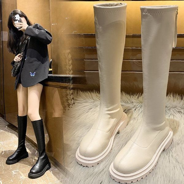 

women platform boots 2022 winter gothic shoes long boots women fashion black beige mid calf boots round toe slip on riding