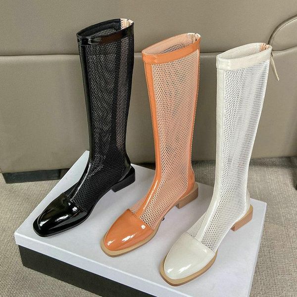 

boots fashion zipper patent leather women knee high hollow mesh comfort low heel pointed toe spring summer lady shoes, Black