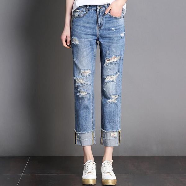 

women's jeans mom high waist vintage ripped denim pants for women boyfriend distressed stretch teen girls trousers plus size, Blue