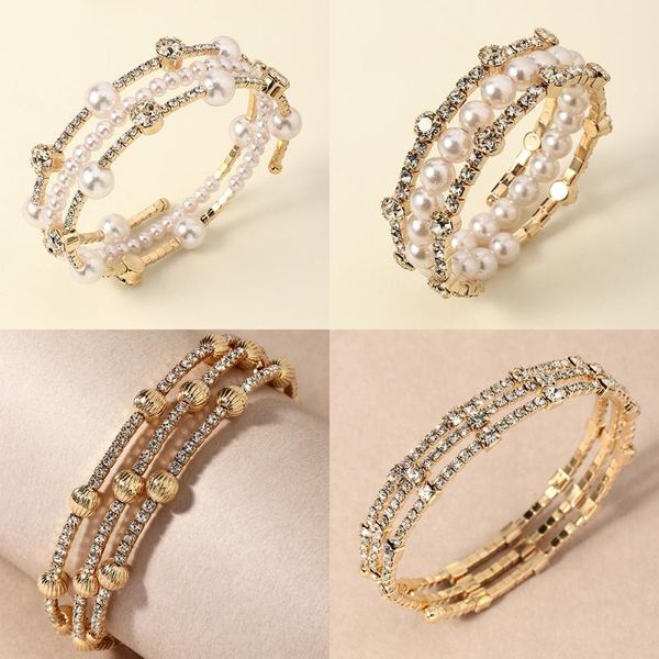 

bangle adjustable bracelet for women vintage metal shiny crystal bracelets elegant pearl bangles wedding party jewelry gift, Black