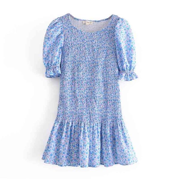 PUWD Süße Frauen O Neck Lotus Sleeve Kleid Sommer Mode Damen Strand Stil Niedliche Weibliche Blau Floral Mini 210522