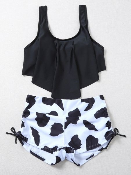 

cow pattern flounce bikini swimsuit l5la#, White;black