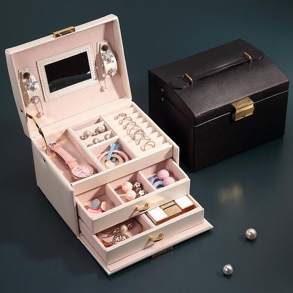 

jewelry pouches, bags portable 3 layers leather box with mirror lock high capacity storage case makeup organizer beauty travel, Pink;blue