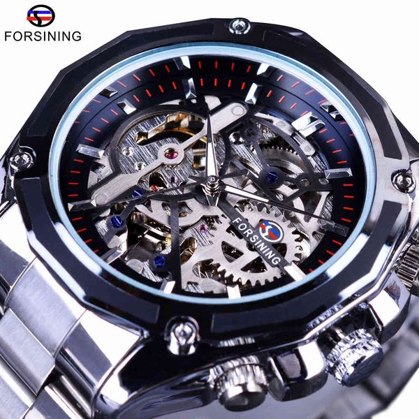

watches forsining mechanical steampunk fashion male wristwatch dress men brand luxury stainless steel automatic skeleton, Slivery;brown