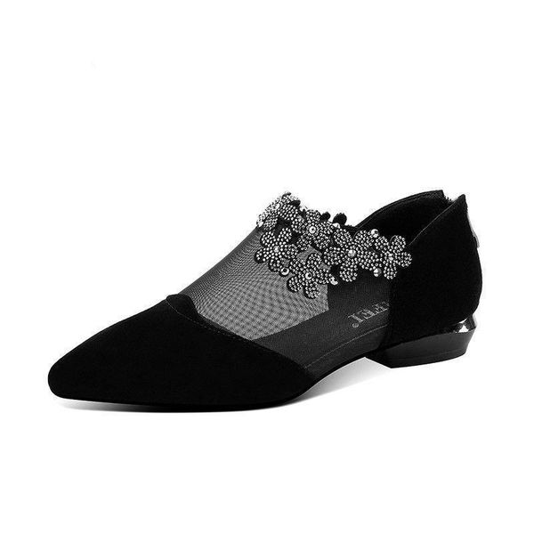 

sandals fashion women zipper mesh shoes for 2021 rhinestone low heels flowers pointed pumps comfortable mujer zapatos, Black